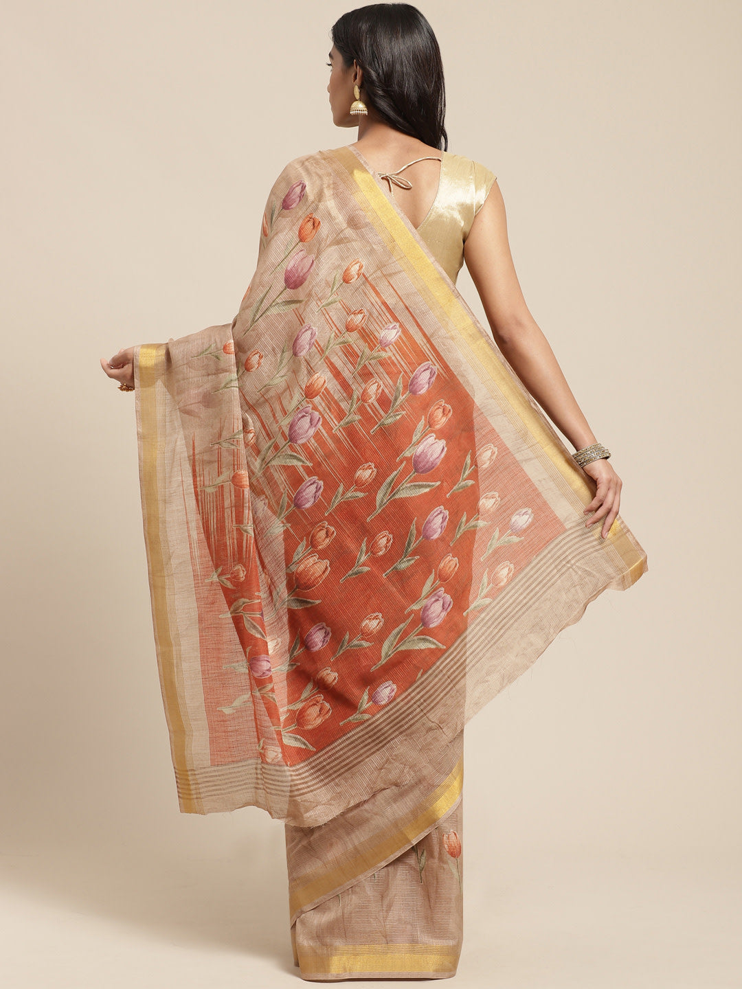 Women's Beige Cotton Blend Printed Saree
