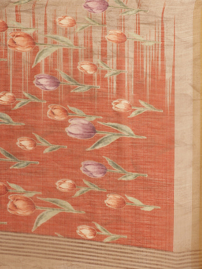 Women's Beige Cotton Blend Printed Saree