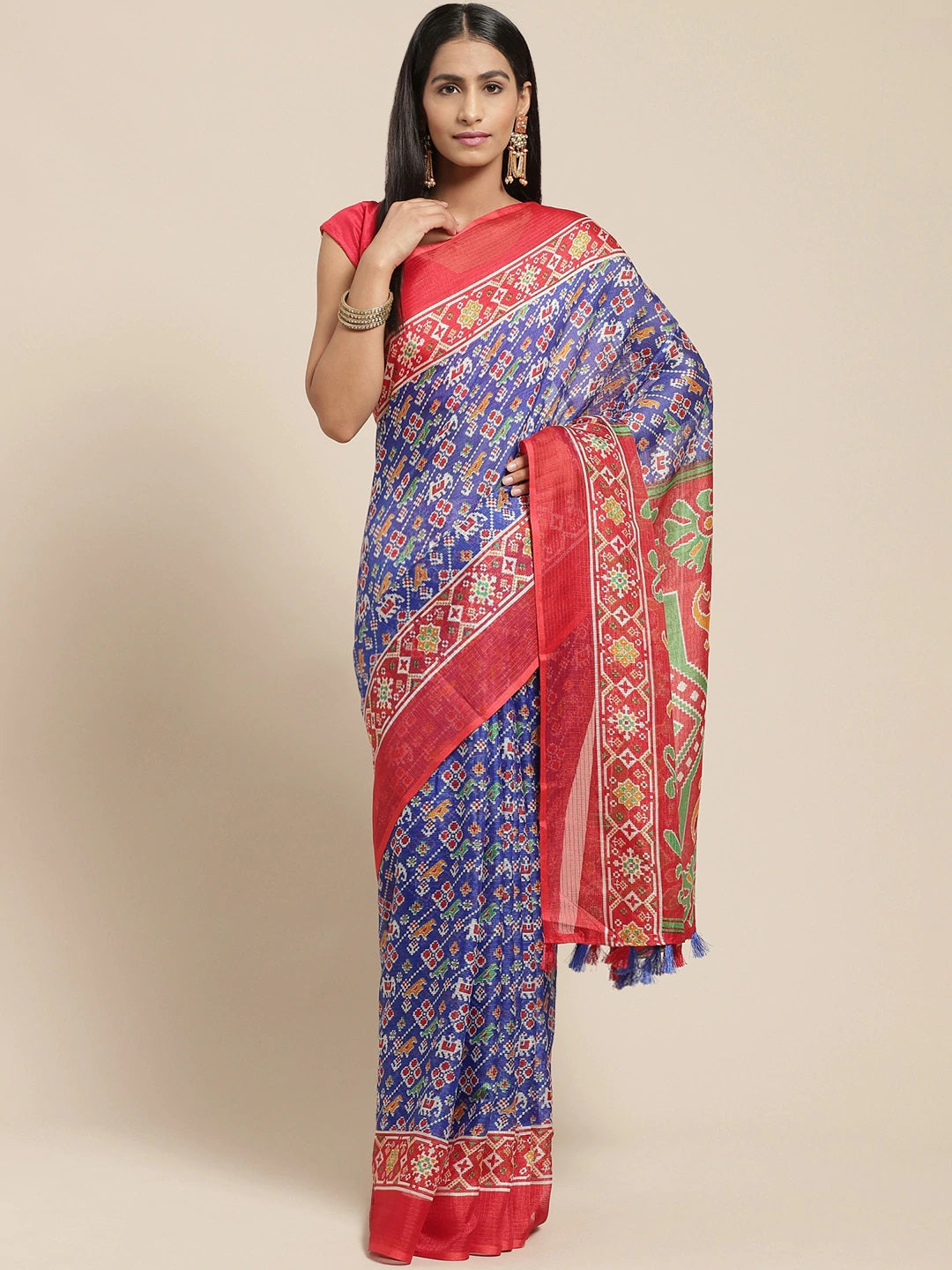 Women's Red Cotton Blend Printed Saree