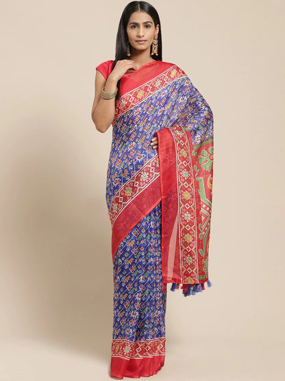 Women's Red Cotton Blend Printed Saree