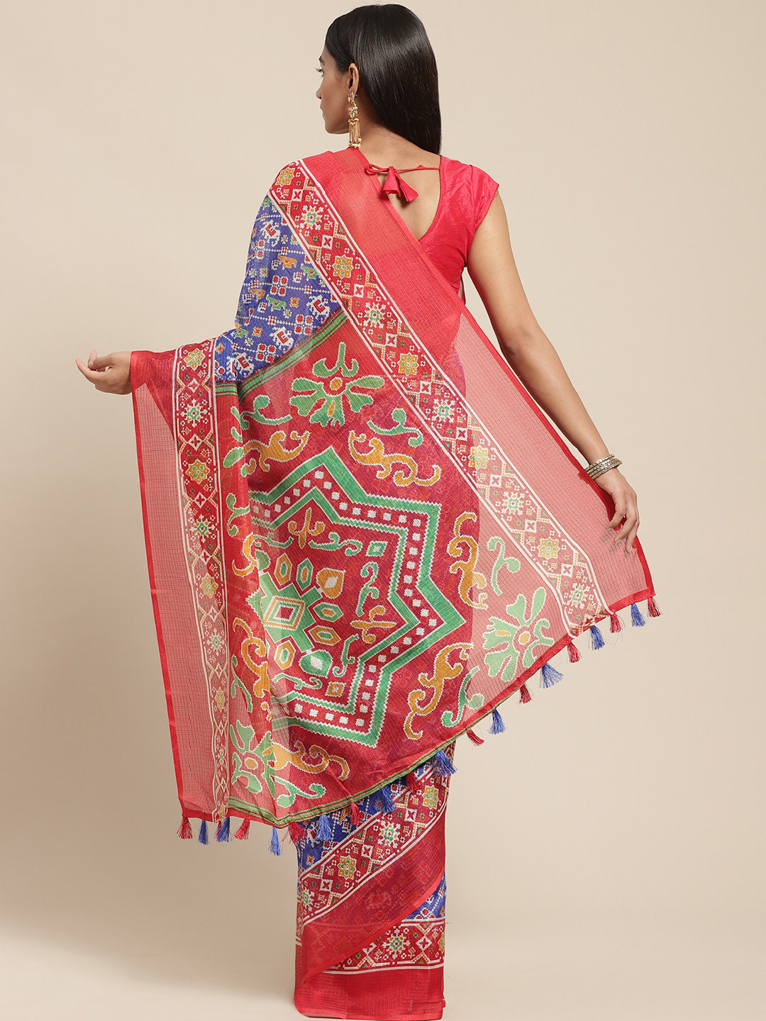 Women's Red Cotton Blend Printed Saree