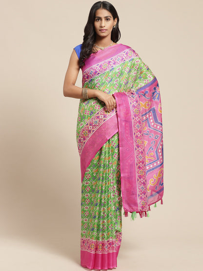 Women's Green::Pink Cotton Blend Printed Saree