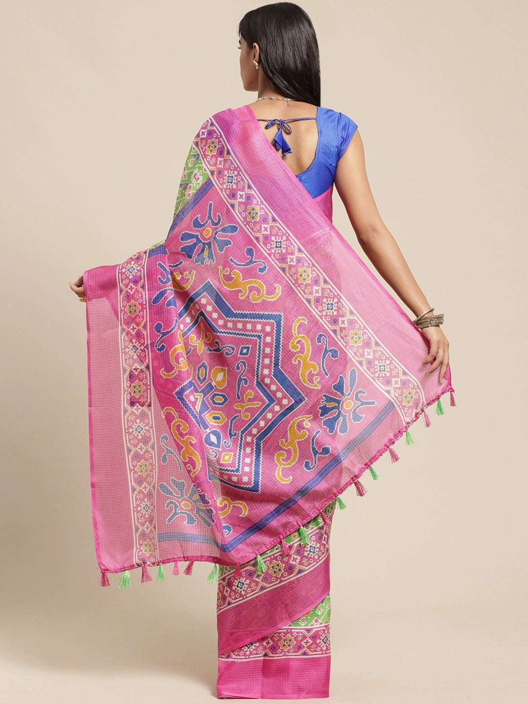 Women's Green::Pink Cotton Blend Printed Saree