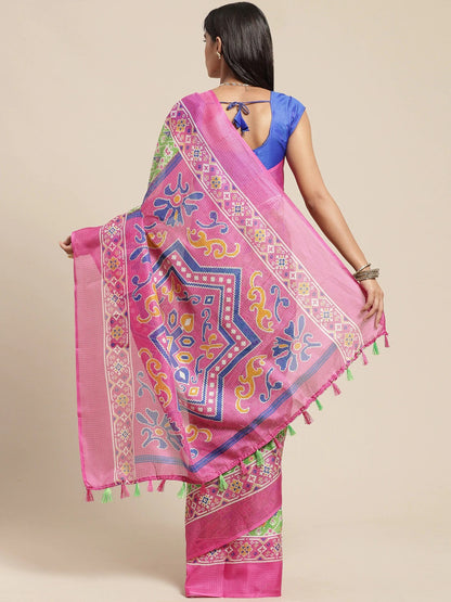 Women's Green::Pink Cotton Blend Printed Saree
