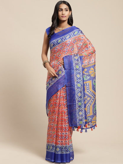 Women's Orange Cotton Blend Printed Saree