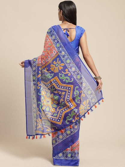 Women's Orange Cotton Blend Printed Saree
