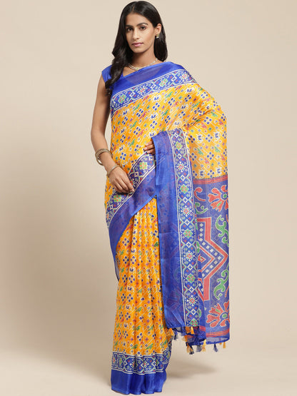 Women's Yellow Cotton Blend Printed Saree