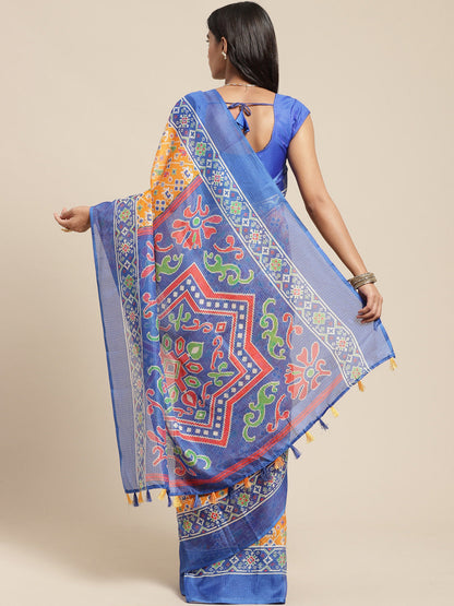 Women's Yellow Cotton Blend Printed Saree