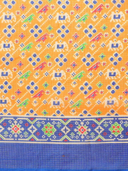 Women's Yellow Cotton Blend Printed Saree