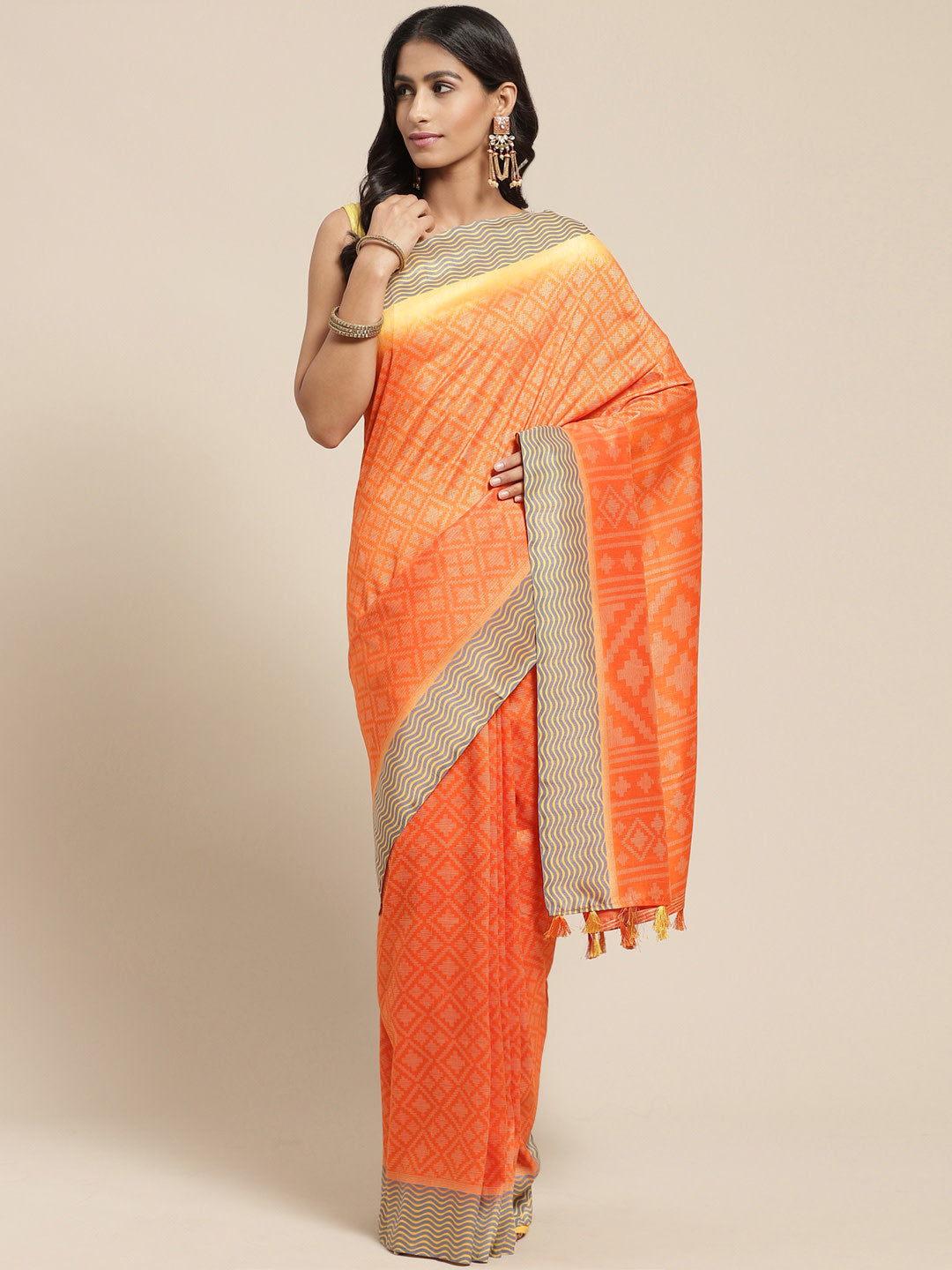 Women's Orange Cotton Blend Printed Saree