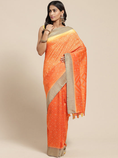 Women's Orange Cotton Blend Printed Saree