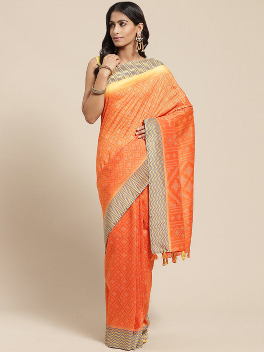 Women's Orange Cotton Blend Printed Saree