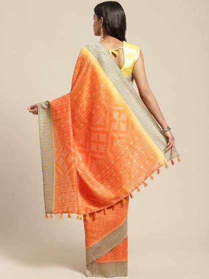 Women's Orange Cotton Blend Printed Saree