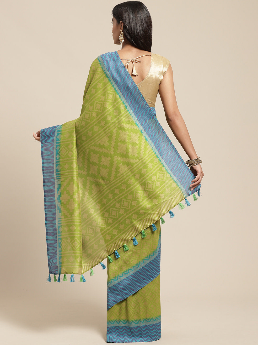 Women's Green Cotton Blend Printed Saree