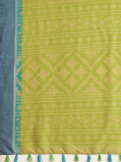 Women's Green Cotton Blend Printed Saree