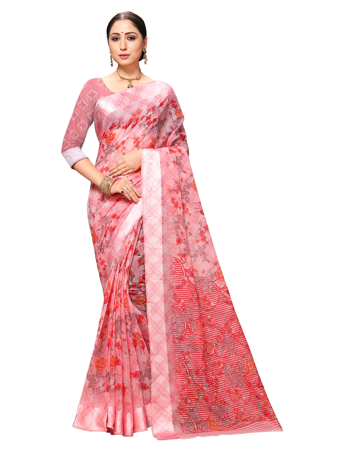 Women's Pink Art Silk Printed Saree