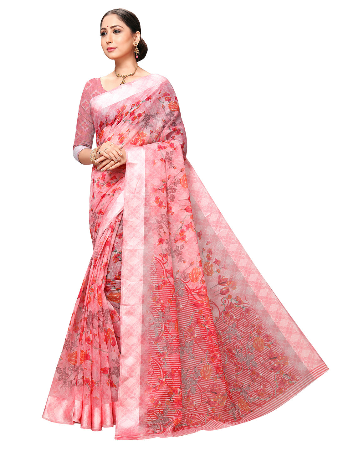 Women's Pink Art Silk Printed Saree
