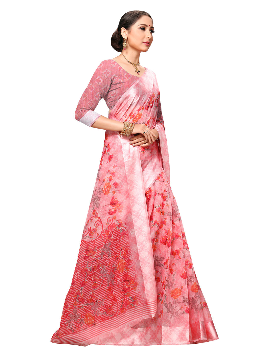 Women's Pink Art Silk Printed Saree