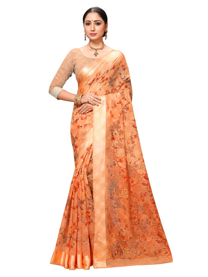 Women's Orange Cotton Blend Printed Saree