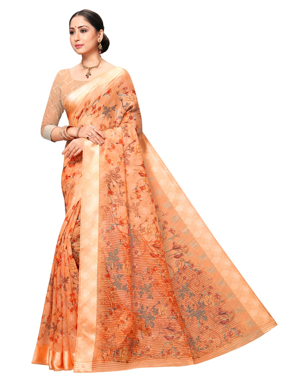 Women's Orange Cotton Blend Printed Saree