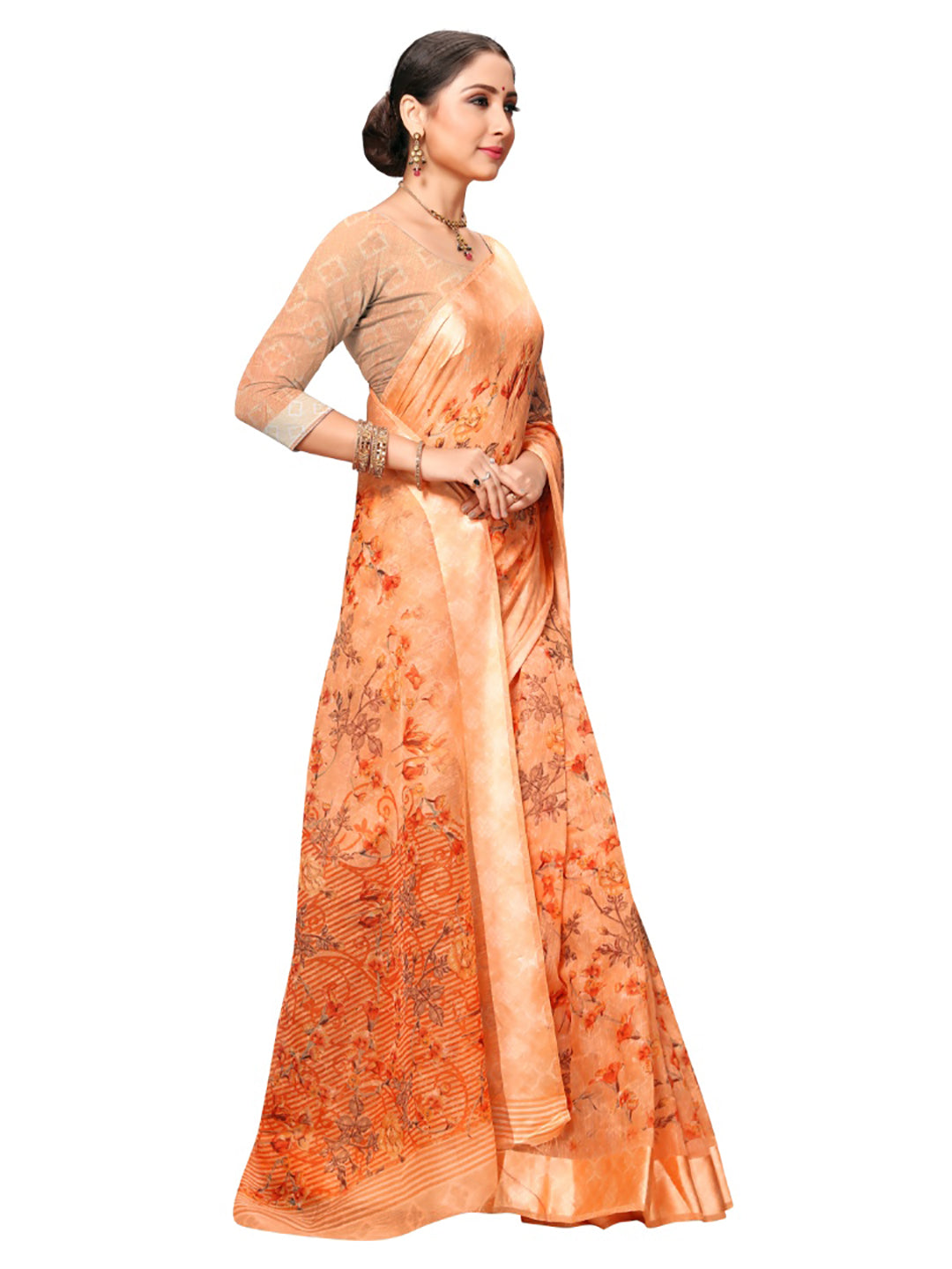Women's Orange Cotton Blend Printed Saree