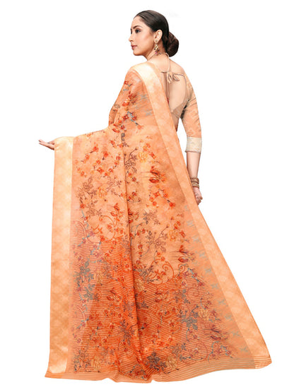 Women's Orange Cotton Blend Printed Saree