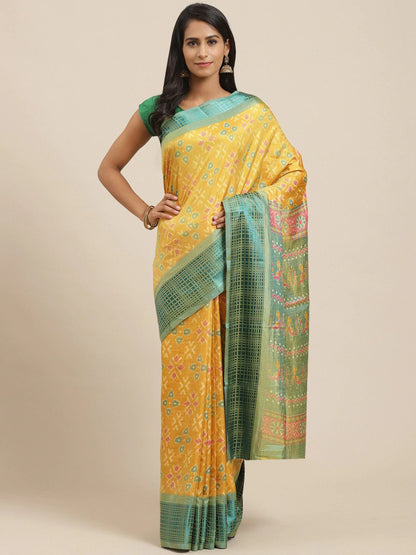 Women's Yellow Cotton Silk Printed Saree
