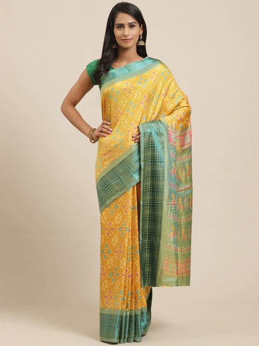 Women's Yellow Cotton Silk Printed Saree