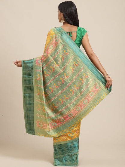 Women's Yellow Cotton Silk Printed Saree