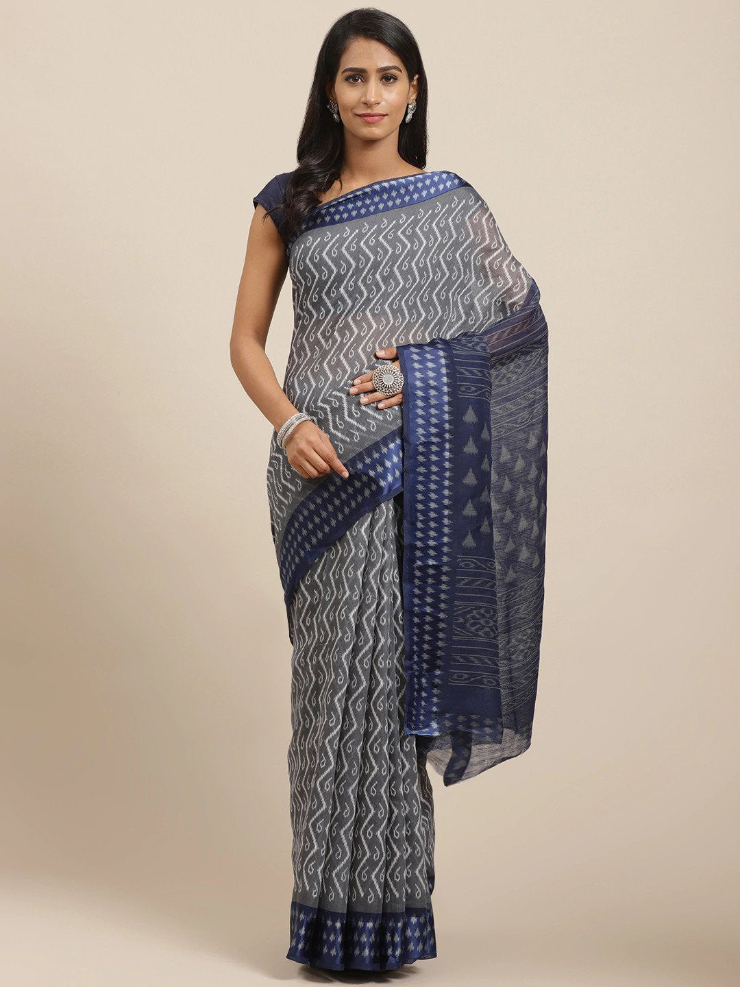 Women's Grey Cotton Silk Printed Saree
