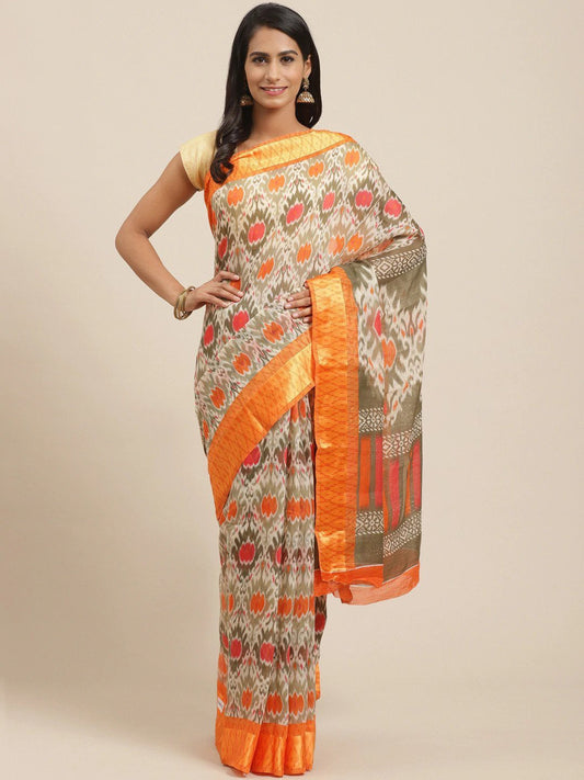 Women's Orange Cotton Blend Printed Saree