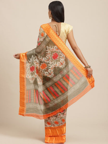Women's Orange Cotton Blend Printed Saree