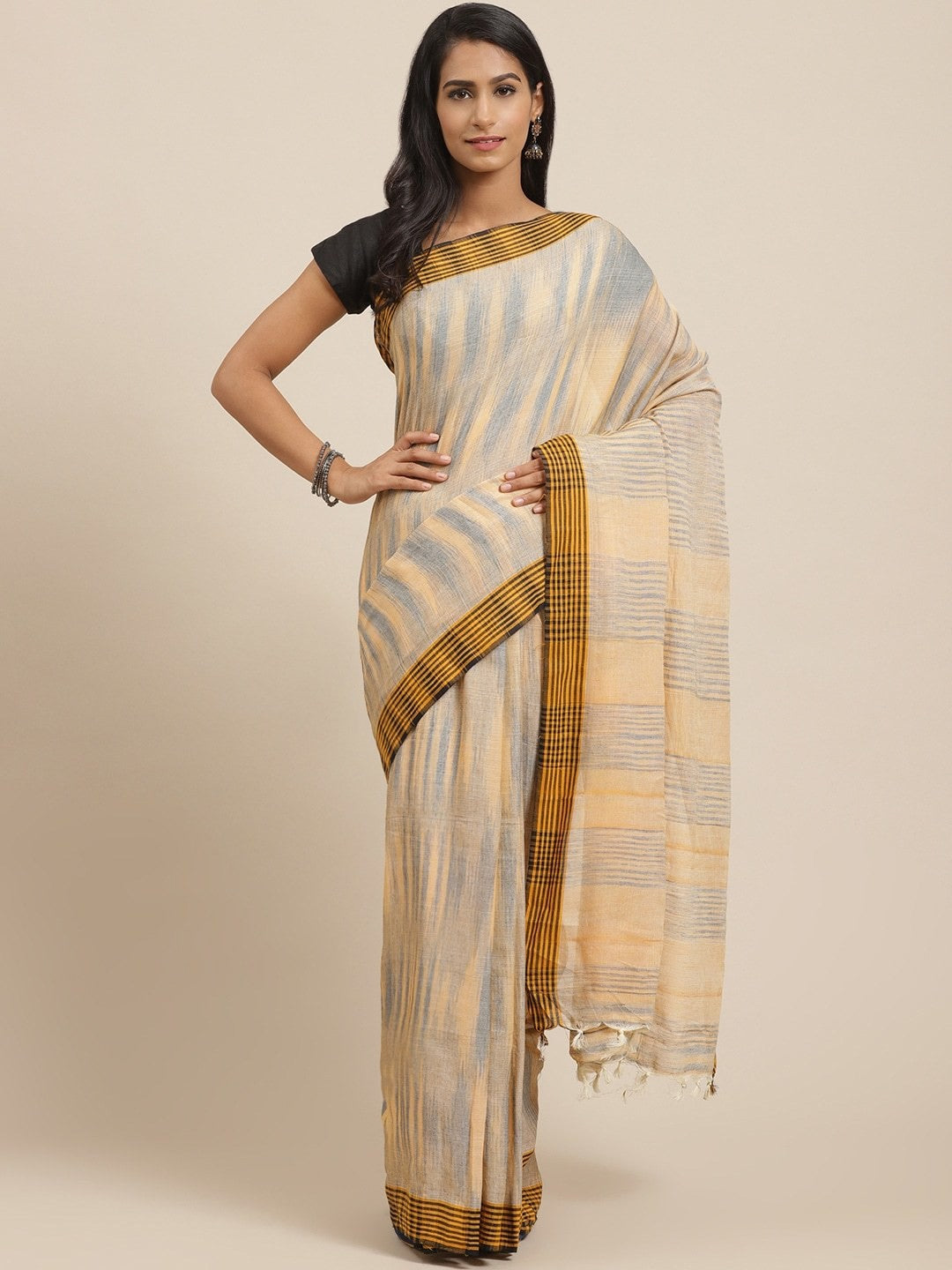 Women's Beige Cotton Silk Printed Saree