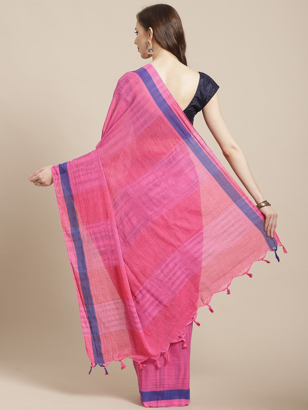 Women's Pink Cotton Striped Saree