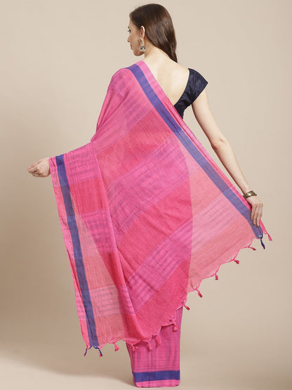 Women's Pink Cotton Striped Saree