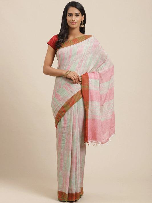 Women's White Cotton Striped Saree