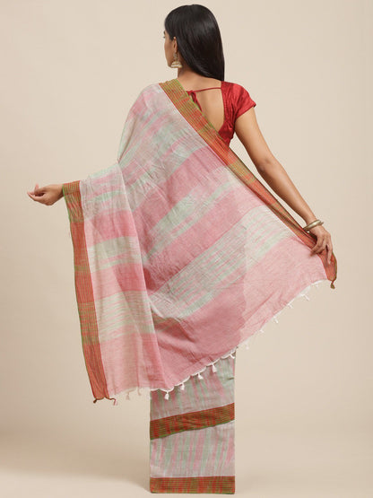 Women's White Cotton Striped Saree