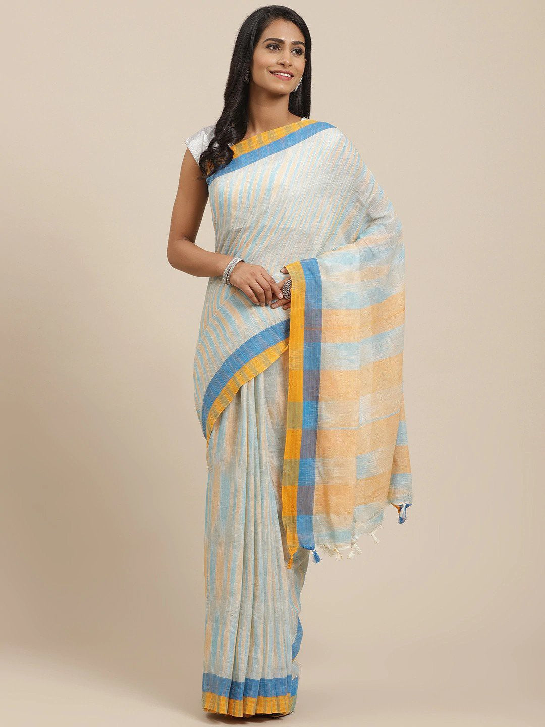 Women's Green Cotton Striped Saree