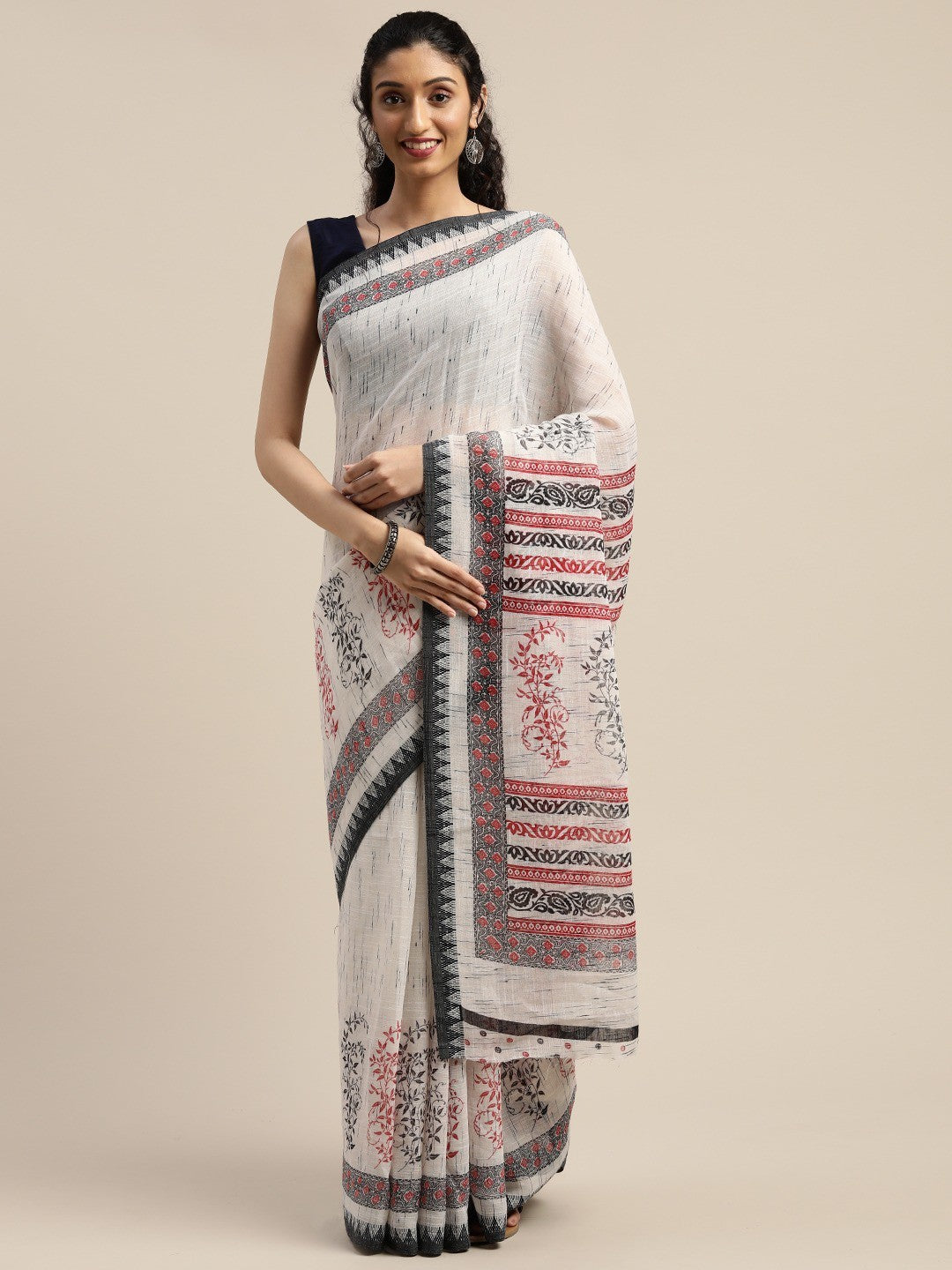 Women's White Art Silk Printed Saree
