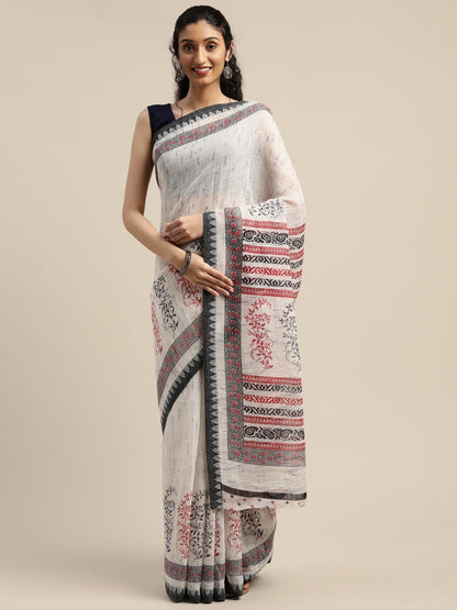 Women's White Art Silk Printed Saree