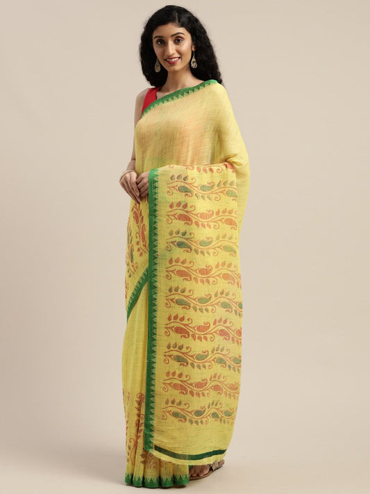 Women's Yellow Art Silk Printed Saree