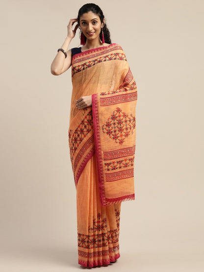 Women's Orange Art Silk Printed Saree