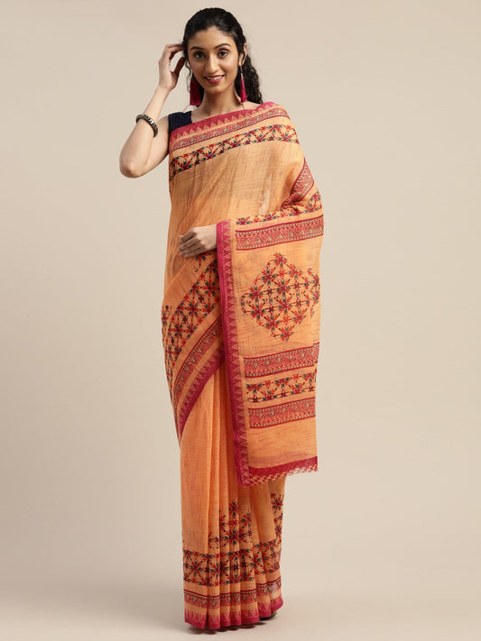 Women's Orange Art Silk Printed Saree