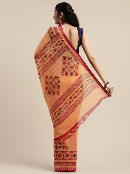 Women's Orange Art Silk Printed Saree