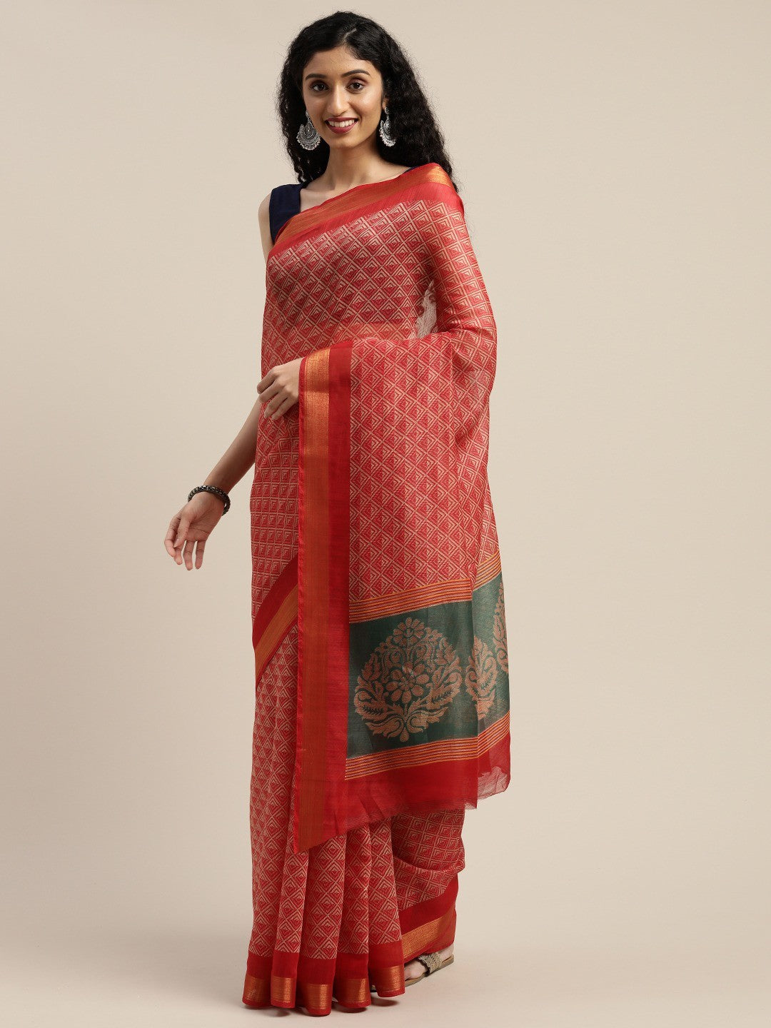 Women's Red Art Silk Printed Saree