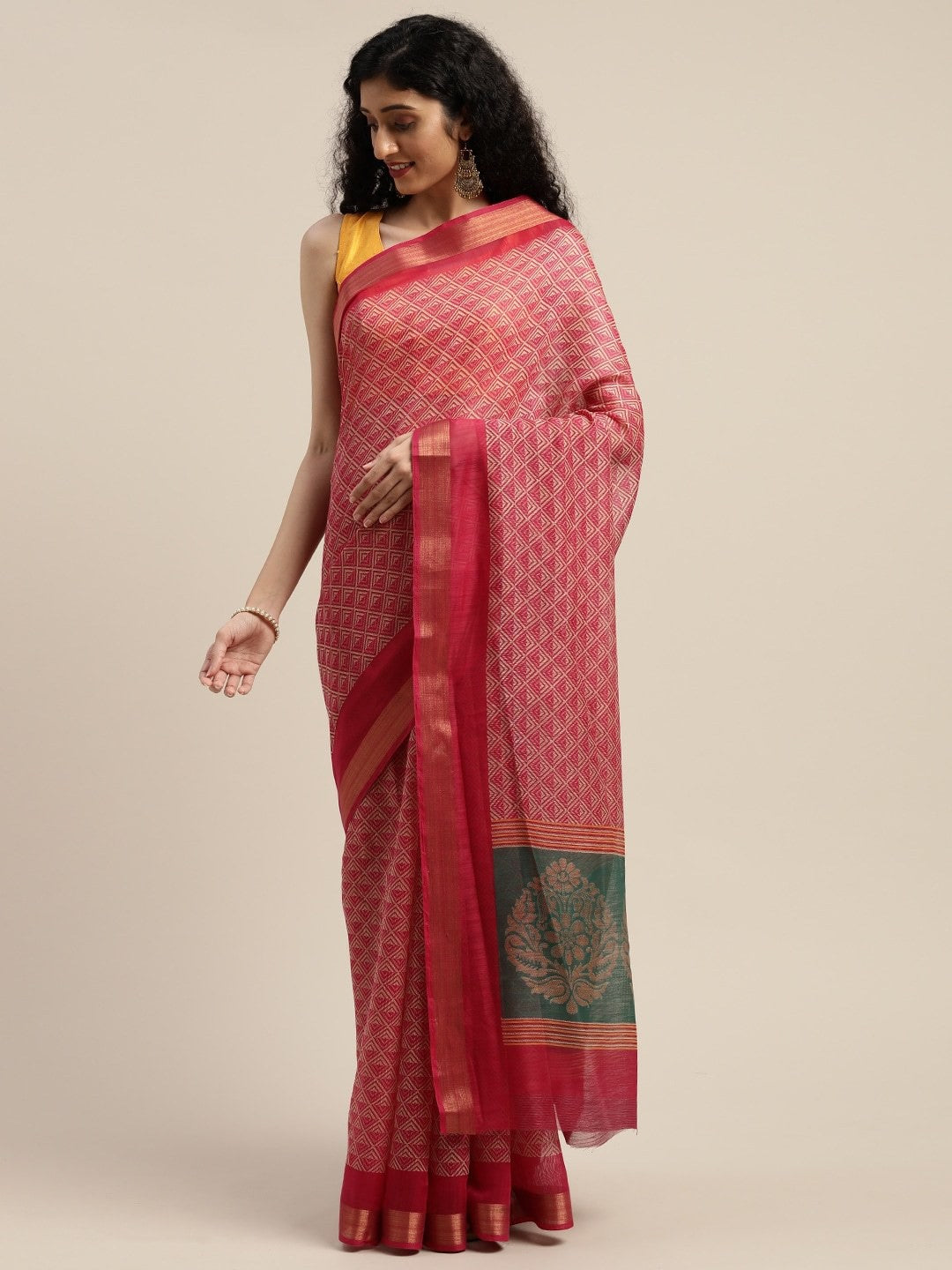 Women's Pink Art Silk Printed Saree