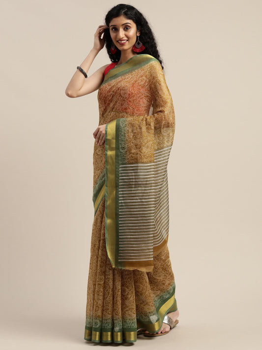 Women's Brown Art Silk Printed Saree