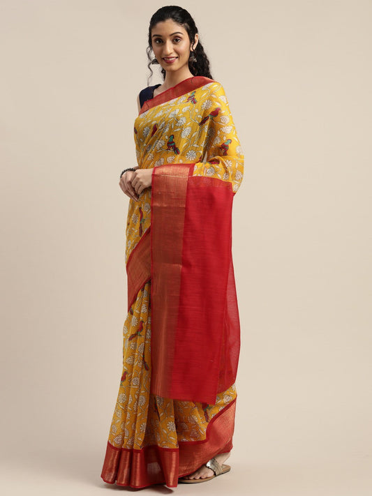 Women's Yellow Art Silk Printed Saree