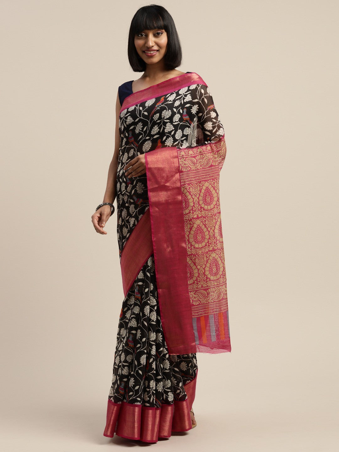 Women's Black Art Silk Printed Saree
