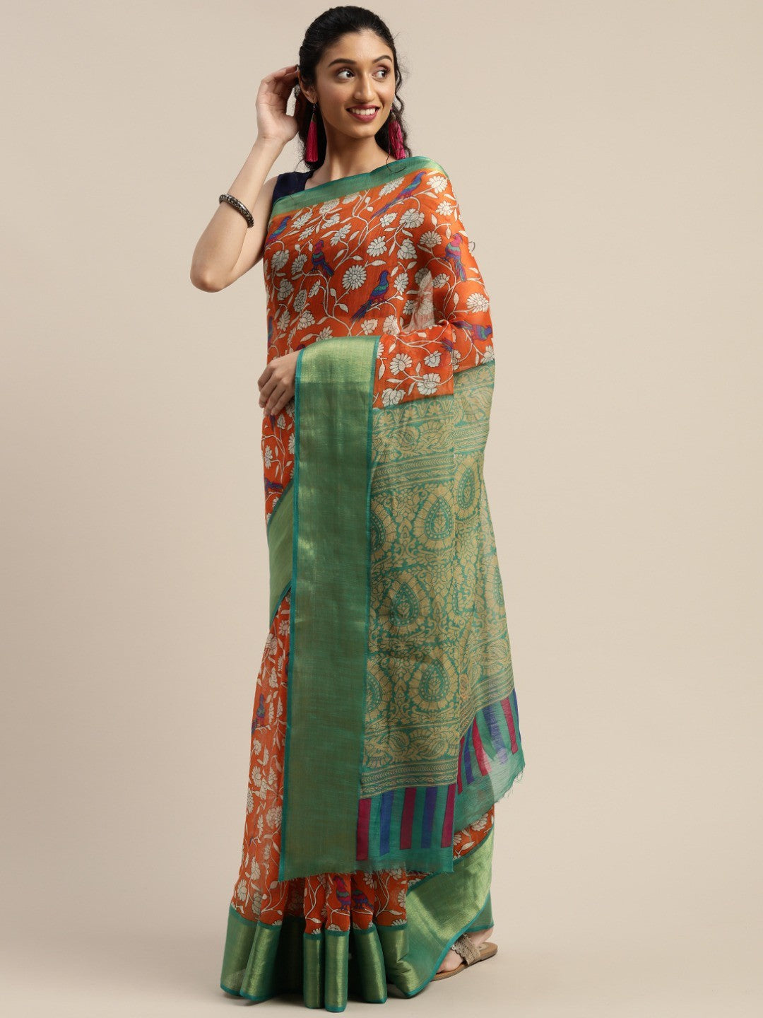 Women's Orange Art Silk Printed Saree